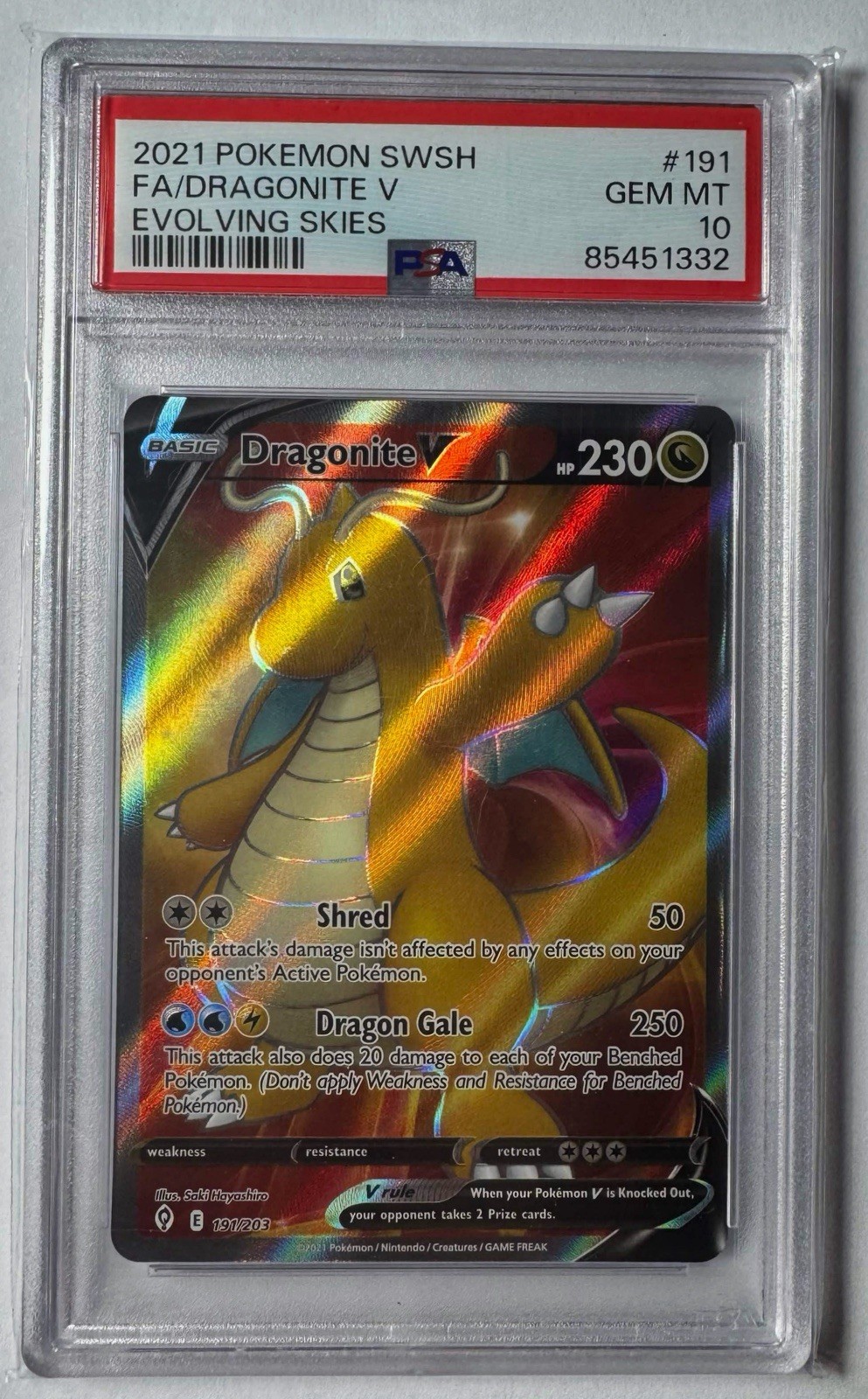 Dragonite V - Evolving Skies - 191/203 Full Art - PSA 10 - Pokemon