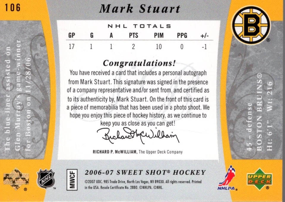 2006-07 Sweet Shot Rookie Jerseys Autographs 106 Mark Stuart Auto Jersey /25 HKY - Image 2 of 2
