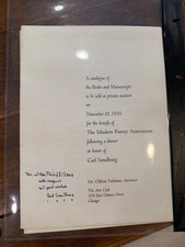 CARL SANDBURG Signed 1956 Auction Catalogue Poetry Assoc Chicago Inscribed