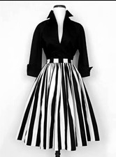 Women's Black & White Striped Midi Dress V-Neck 3/4 Sleeve A-Line One Size
