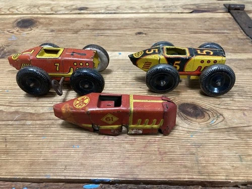 Vintage Marx (Midget) No 5, 7, 61 Boat Tail Race Car Wind-Up Tin Litho Parts Lot