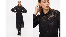 TU Woman Black Lace Long Sleeved Belted Collared Midi Dress (Slip Not Included)