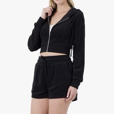 2pc Terry Cropped Sip Up Hoodie Set in black Women's Size Large