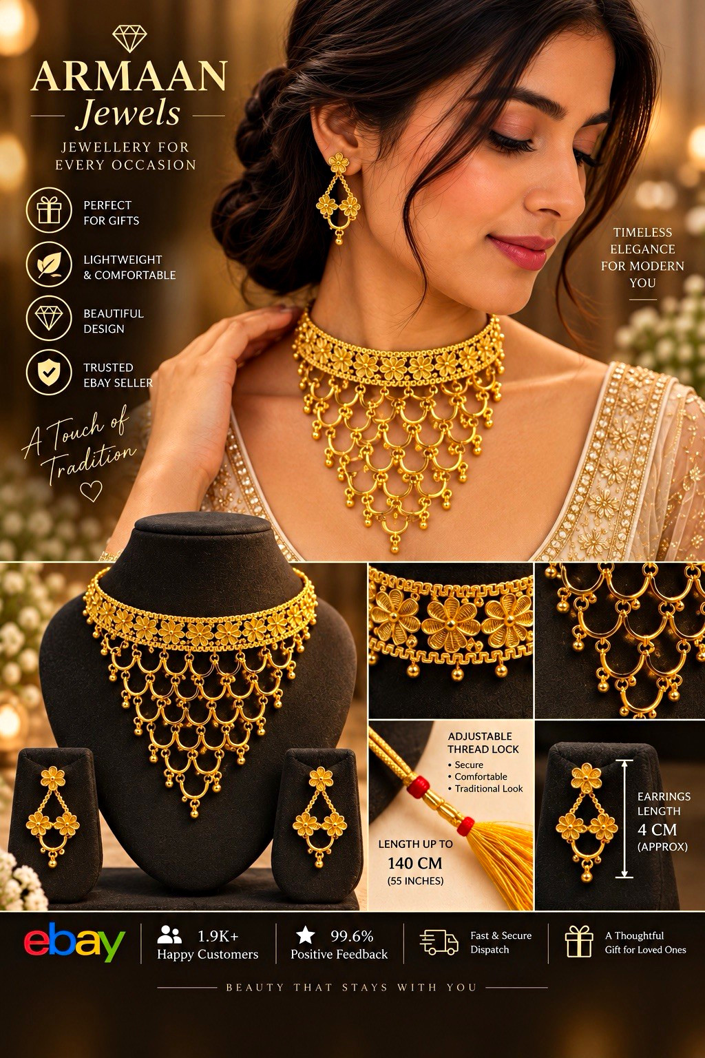 ARMAAN Jewels Gold Tone Floral Adjustable Choker Necklace & Earrings Set