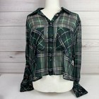 ZARA Sheer Plaid Button Down Shirt Blouse Green Gold Metallic Long Sleeve L