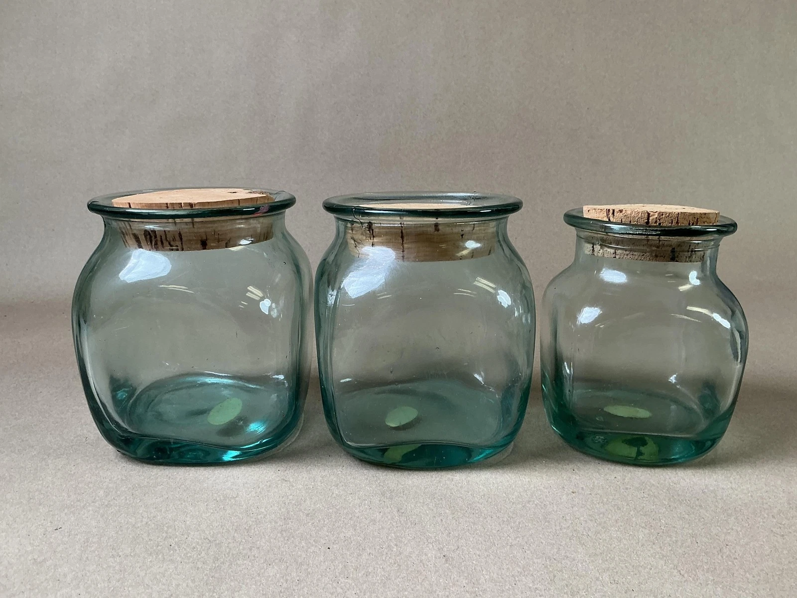 Set Of 3 Green Glass Storage Jars Cork Lids Square Made In Spain Kitchen Decor