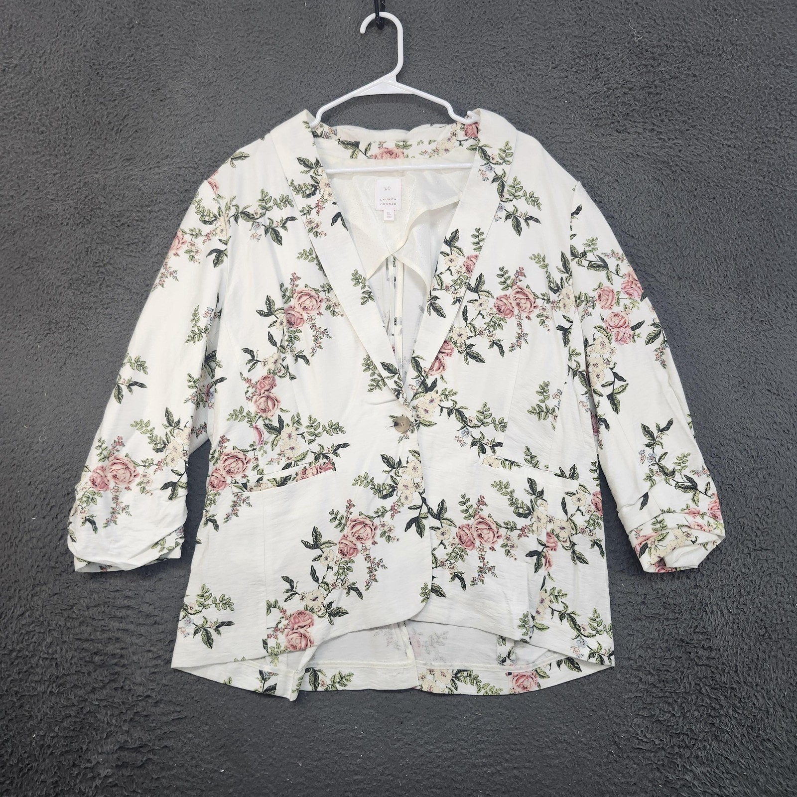 Lauren Conrad Blazer Womens XL White Floral Ruched Sleeve Lined Jacket Spring