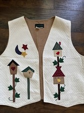 VTG Cottagecore Handmade Quilted Vest Handmade Appliqué Birdhouses XL EUC C3