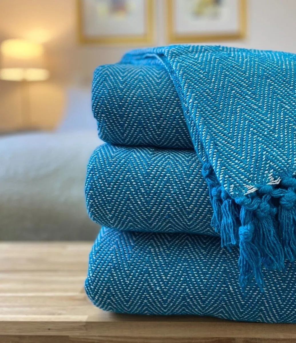 100 Cotton Soft Woven Teal Blue Herringbone Fringe Sofa Blanket