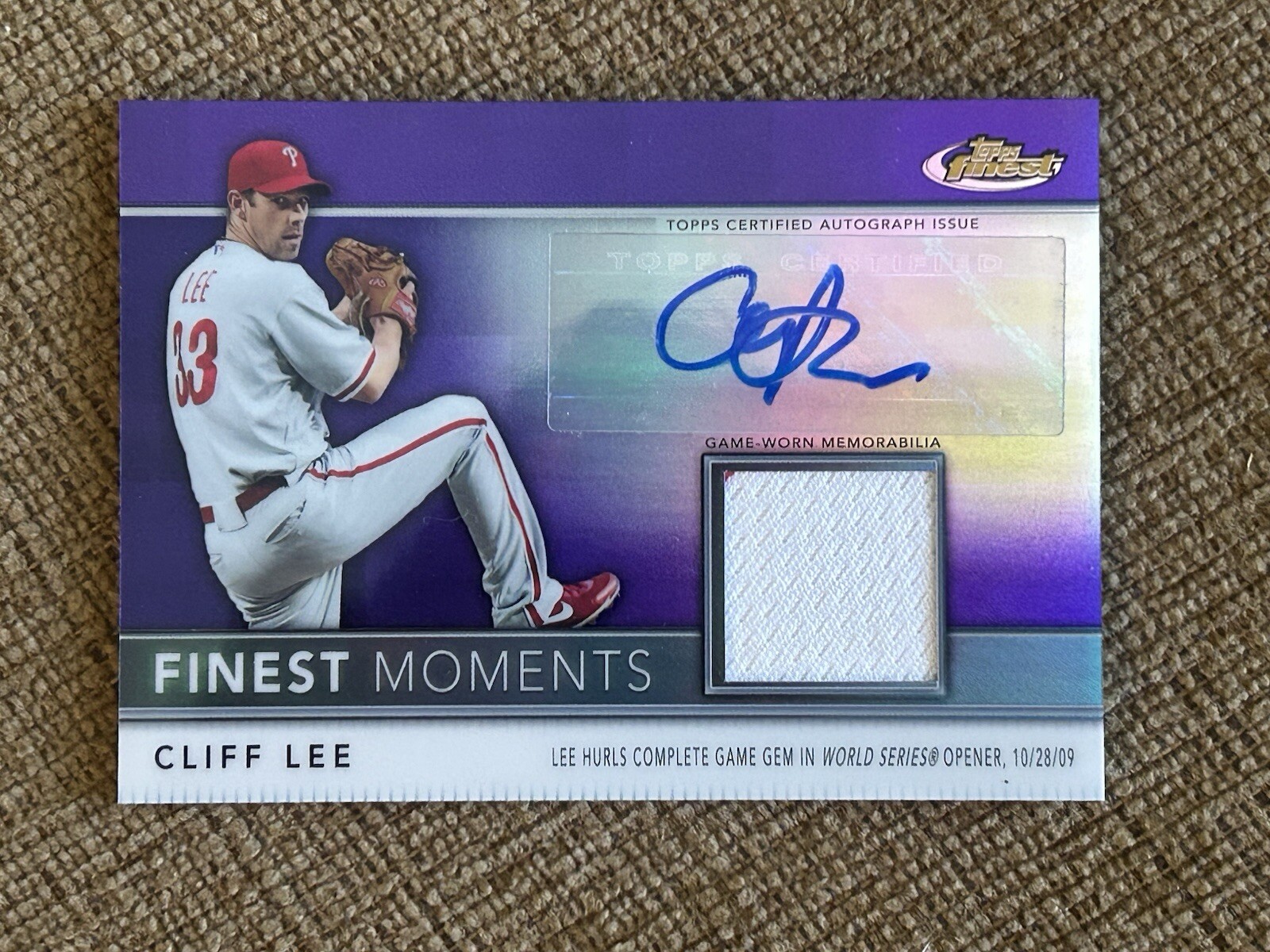 2011 Topps Finest Cliff Lee Finest Moments Auto PURPLE /5 Jersey Patch RARE
