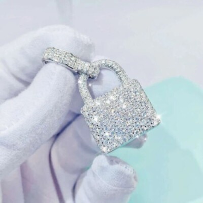Pass Tester! 2 Ct VVS1 Natural Moissanite Lock Men's Pendant 925 Sterling Silver
