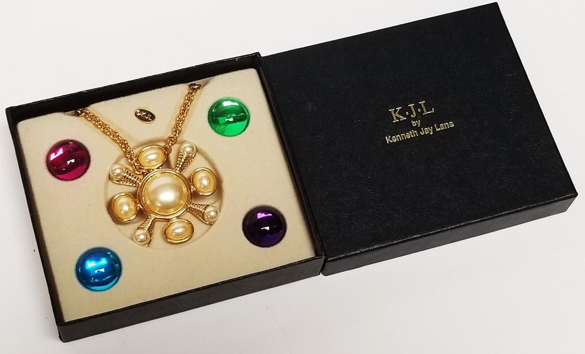 NIB Kenneth Jay Lane KJL Interchangeable Cabochon & Faux Pearl