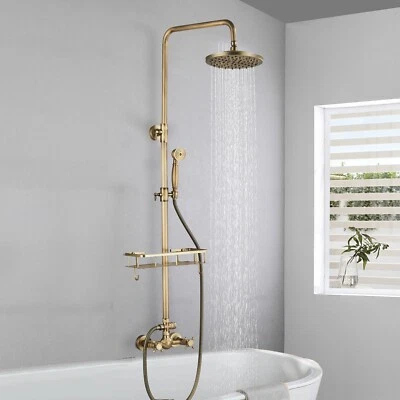 ALENARTWATER Shower Mixer Set for Bathroom Antique Brass 8 Inch Round Rain Shower Head +Shelf