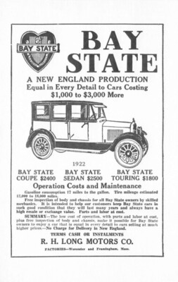 #ad R H Long Motors 1922 Bay State Coupe Sedan Reproduction Ad Ma $7.99
