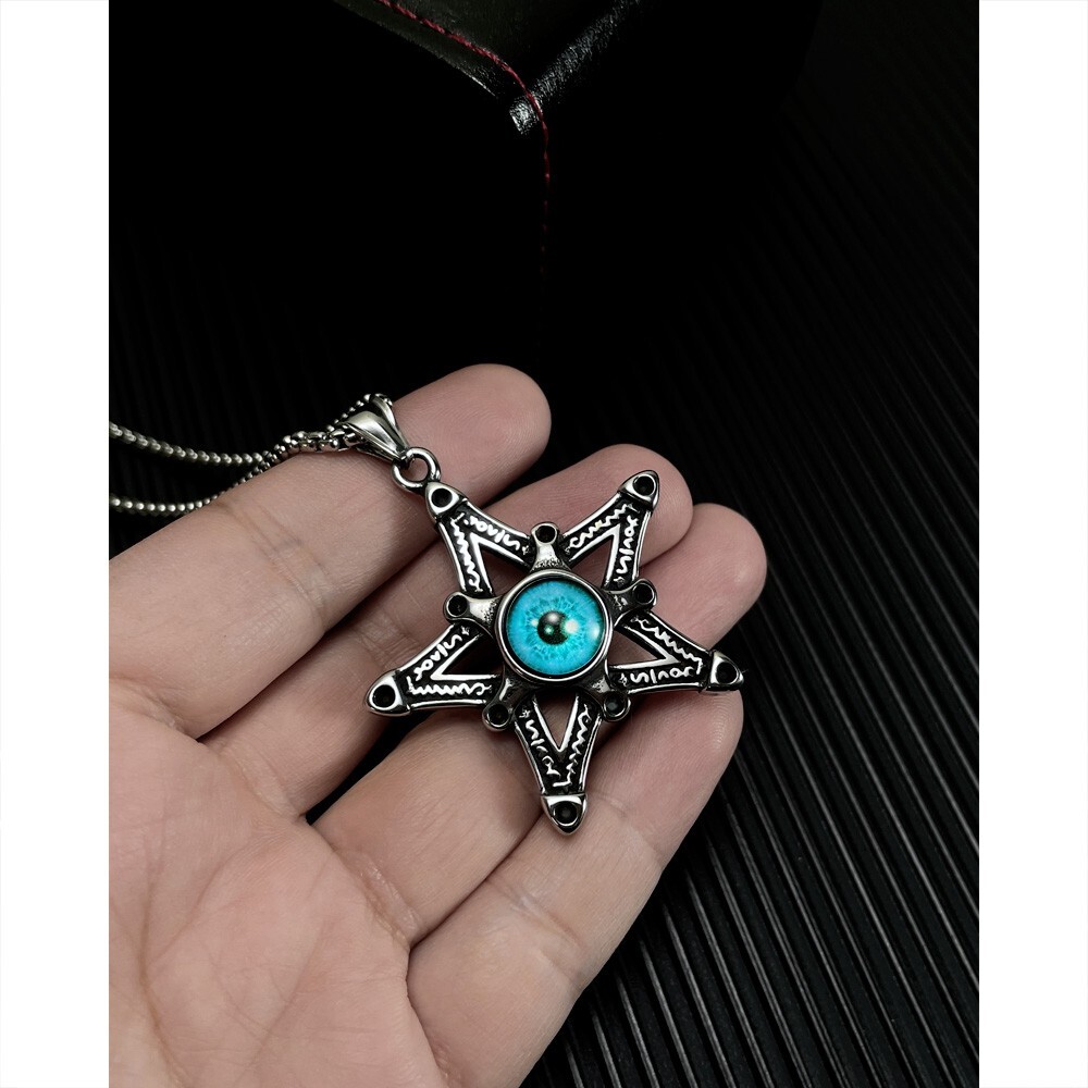 Mens Punk Stainless Steel Blue Devil Eye Hexagram Point Star of David  Necklace