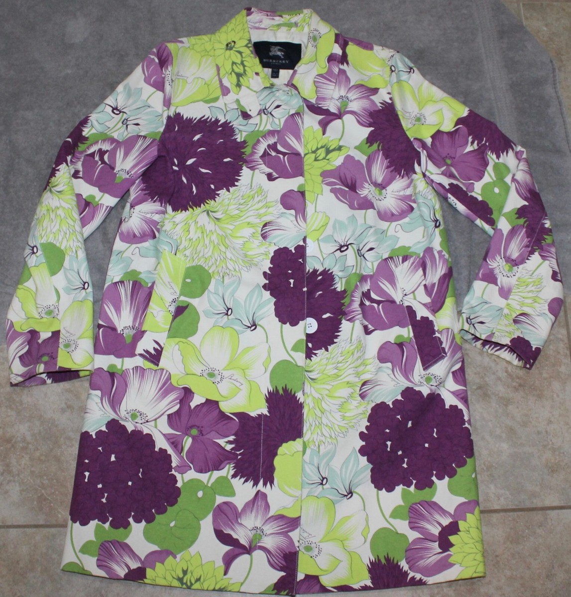 RARE BURBERRY CANVAS COAT FLORAL PRINT GREEN/VIOLET CIRCA 2003