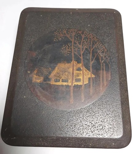 Japanese Wooden Lacquerware Box Makie Inkstone House and Tree Design Gold Rare - Picture 2 of 10