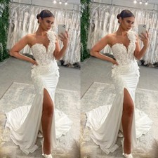 Sexy Wedding Dresses with Side Slit Satin One Shoulder Sweep Train Bridal Gowns