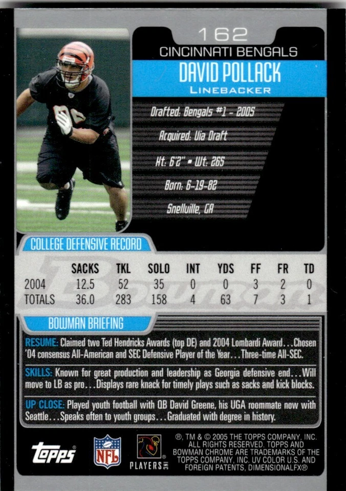 2005 BOWMAN CHROME ROOKIE David Pollack Rookie Cincinnati Bengals #162 - Image 2 of 2