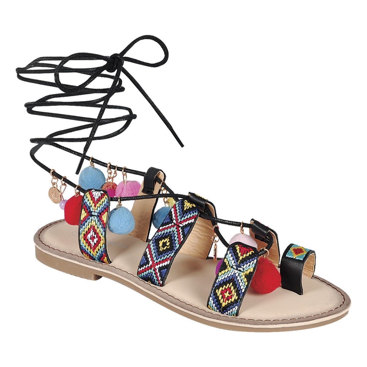 Embroidered Strappy Rainbow Pom Pom Wrap Lace Up Gladiator Flat