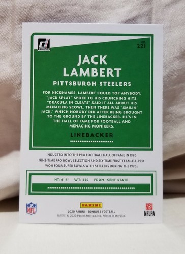 Jack Lambert 2020 Donruss Blue Press Proof Card #221 Pittsburgh Steelers - Picture 2 of 2