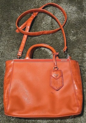 Vtg Guess Red  Crosscut Leather Croc Crossbody Bag Satchel Purse 12x8x3 S Flaw 
