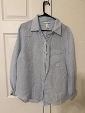 H&M Women's Linen Blend Long Sleeve Collared Shirt Blue, Size L