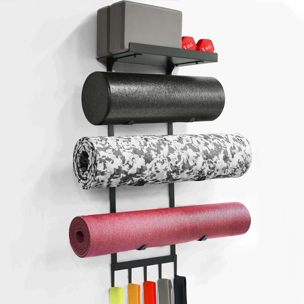 Yoga Mat Wall Holder with 4-Tier Storage and Top Shelf for Home Gym