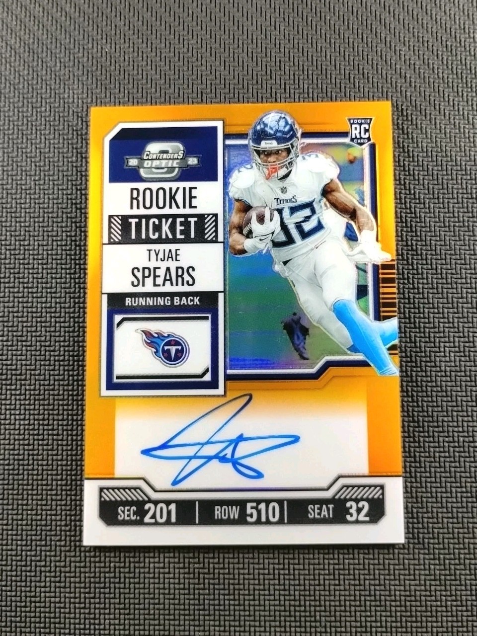 Tyjae Spears 2023 Panini Contenders Optic RC Rookie Ticket Orange Prizm Auto /50