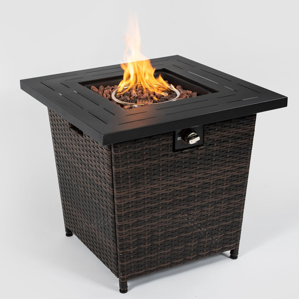 Square 28" Propane Fire Pit 50000 BTU w/PE Wicker Base,Steel