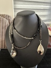 Black Gray Clear Glass Beaded Teardrop Pendant Necklace Crystal Jewelry