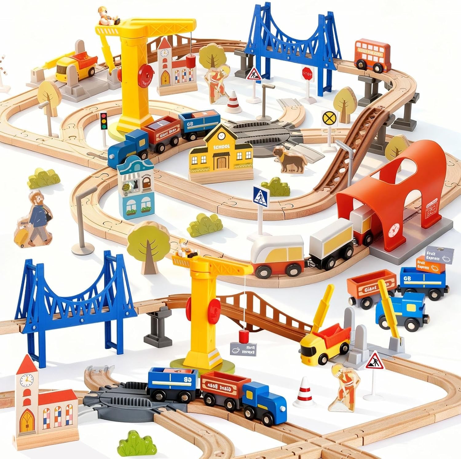 94Pcs Wooden Train Track Set, Modern City Adventure Railway for Kids with Bridge