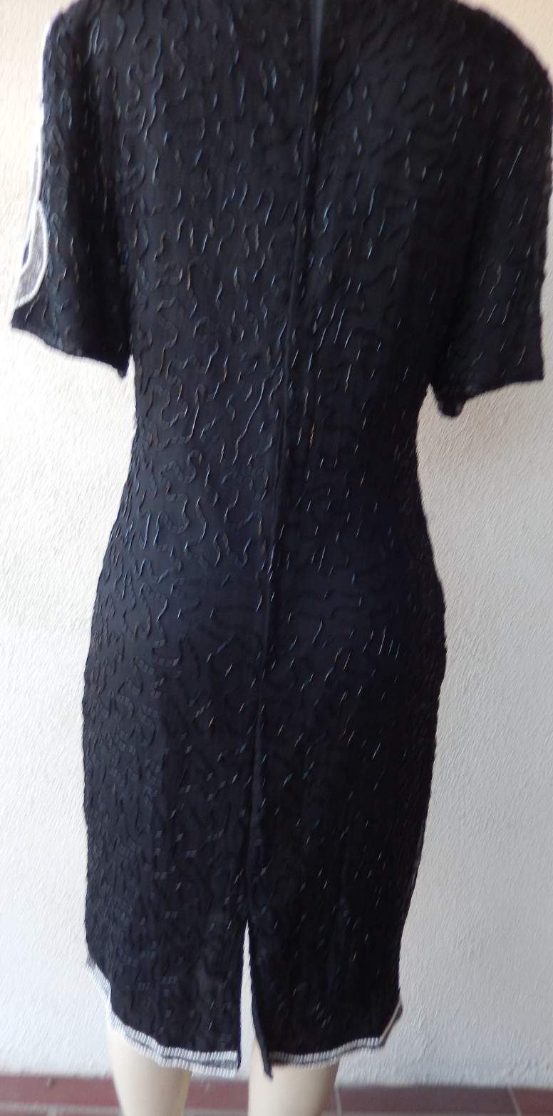VTG 90s Felicity Black Silk Dress Beads & Faux Pearls S 10-12 Short Sleeve Rare image 4