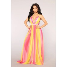 Fashionnova Hideaway Ombre Dress Pink Yellow Maxi Size S Beachy Flowy Sexy Girly