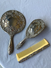 Vintage Ornate Silver-plate Vanity Set: Mirror, Hair Brush Comb
