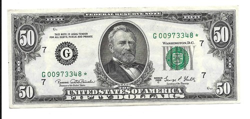 $50 ** 1969C**6 DIGIT** STAR NOTE ** "G"SERIES**CHICAGO** FEDERAL RESERVE NOTE *