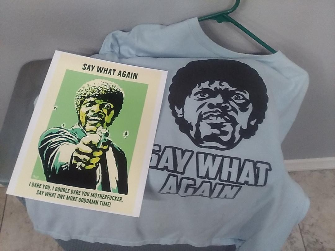 pulp fiction say what again L , light blue, worn clean Jules T shirt +8x10 photo