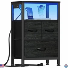 Furnulem Black Nightstand with Wood Shelf, Bed Side Table with Led Light and