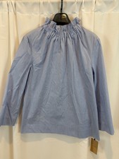 NEW Halogen Womens Large Ruched Mockneck Shirt Blue Micro Striped Blouse NWT
