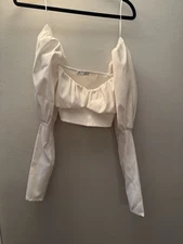 ZARA Women's White Satin Puff Sleeve Crop Top - Long Sleeve Size S