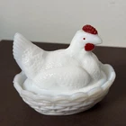 Westmoreland White Milk Glass Vintage Mini Hen On Nest Hand Painted Covered Dish