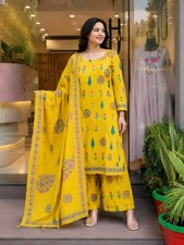 Women  s Yellow Floral Printed Kurta Pant Dupatta Set Indian Ethnic Wear 3 Piece