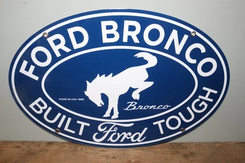 Vtg Dated 1966 Ford Bronco Built Tough 4WD Truck 16" Porcelain Metal Sign