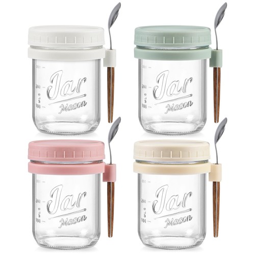 4 Pack Overnight Oats Containers with Lids and Spoons 16 oz Glass Mason Jars