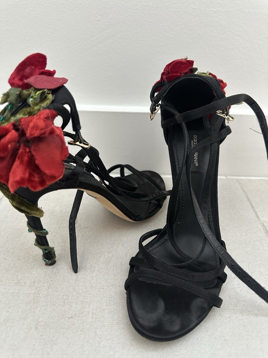 DOLCE & GABBANA●Keira ローズ付きサテンハイヒールサンダル Satin sandals with rose embellishment in Black for Women