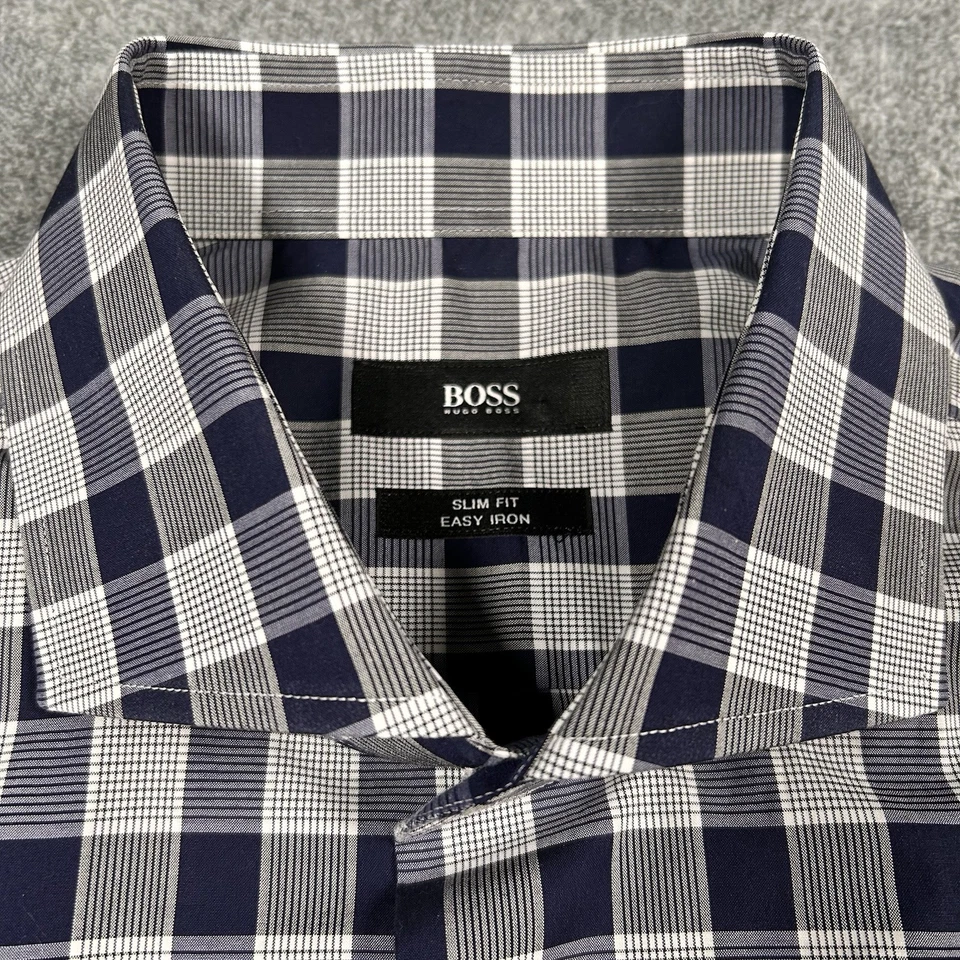 Hugo Boss Shirt Button Down Slim Fit Blue Navy Gray Plaid Cotton 44 16 L Men’s - Image 3 of 4