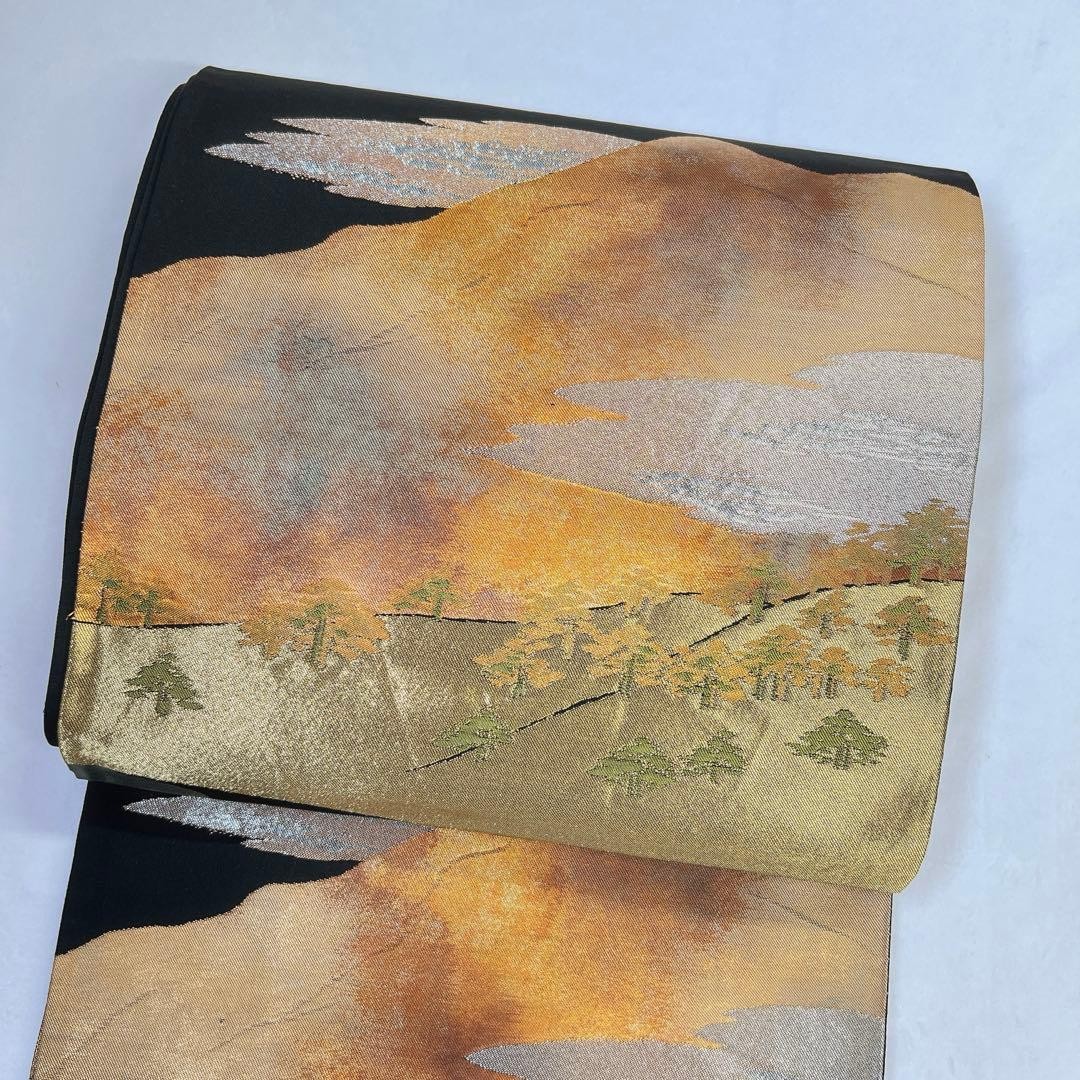Fukuro Obi, Pure Silk, Gold & Silver Thread, Landscape Pattern, Pine, Used