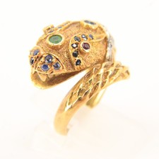 Vintage 18k Gold Snake Ring Emerald Topaz Diamond Coiled Serpent Gift
