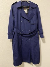 London Towne Fog Trench Coat Womens 6 PET Navy Blue Shell Plaid Lining Belted