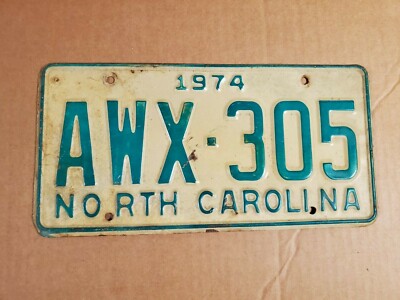 Vintage North Carolina NC Auto License Plate ~ 1974 AWX-305